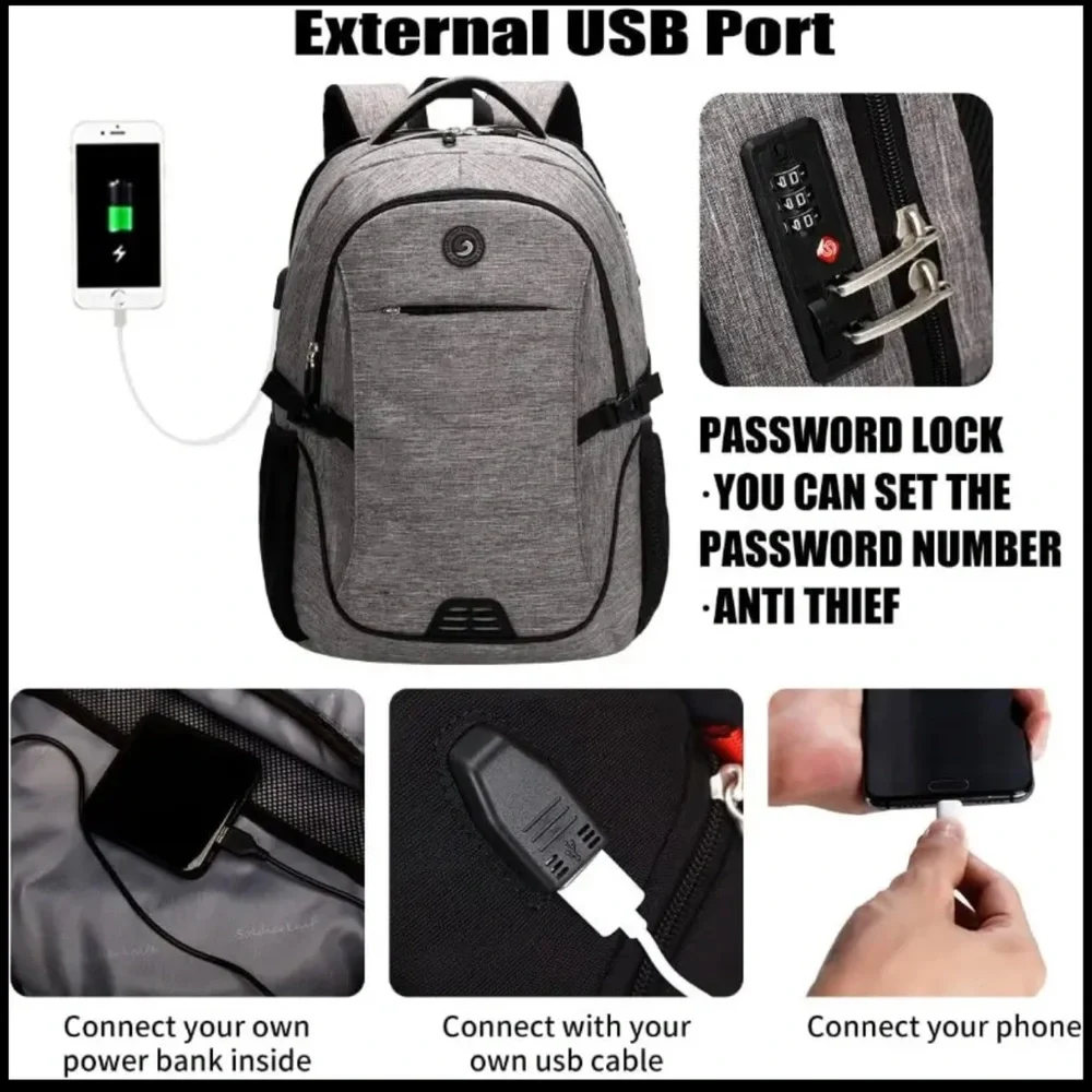 NWT Anti-Theft Laptop Backpack w/USB Port & Lock Fits 17” Laptop Travel, Work